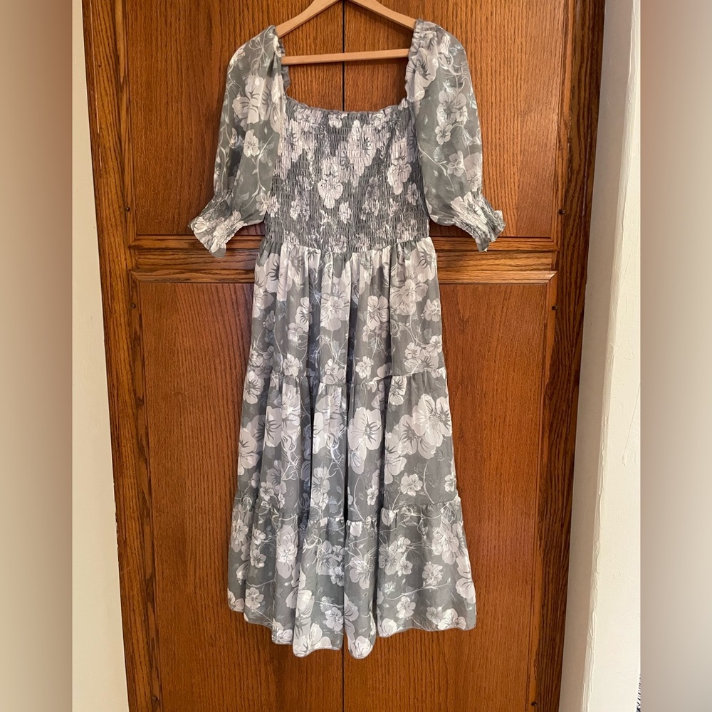 Baltic Born Sage Green/Grey Floral Smocked Midi Dress